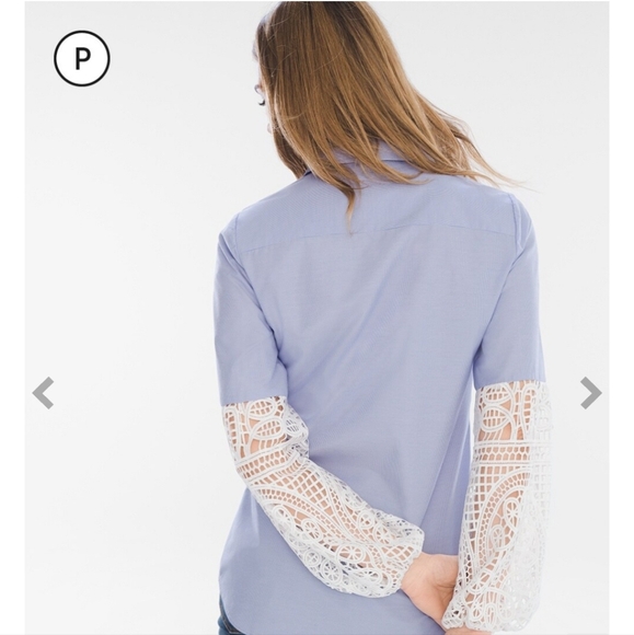 Chico's Blue Stripe Lace Balloon Sleeves Pearl Button Shirt Womens Size 4 (XXL) - Picture 7 of 7